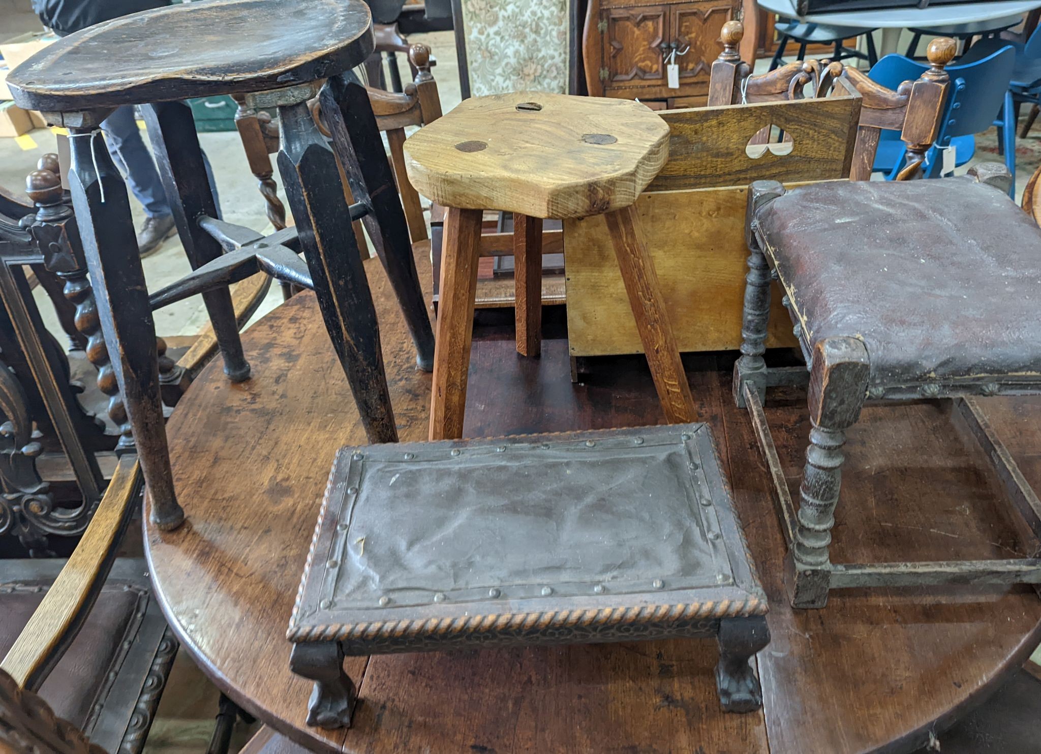 Four assorted stools, two trays, a bookstand and a wall shelf